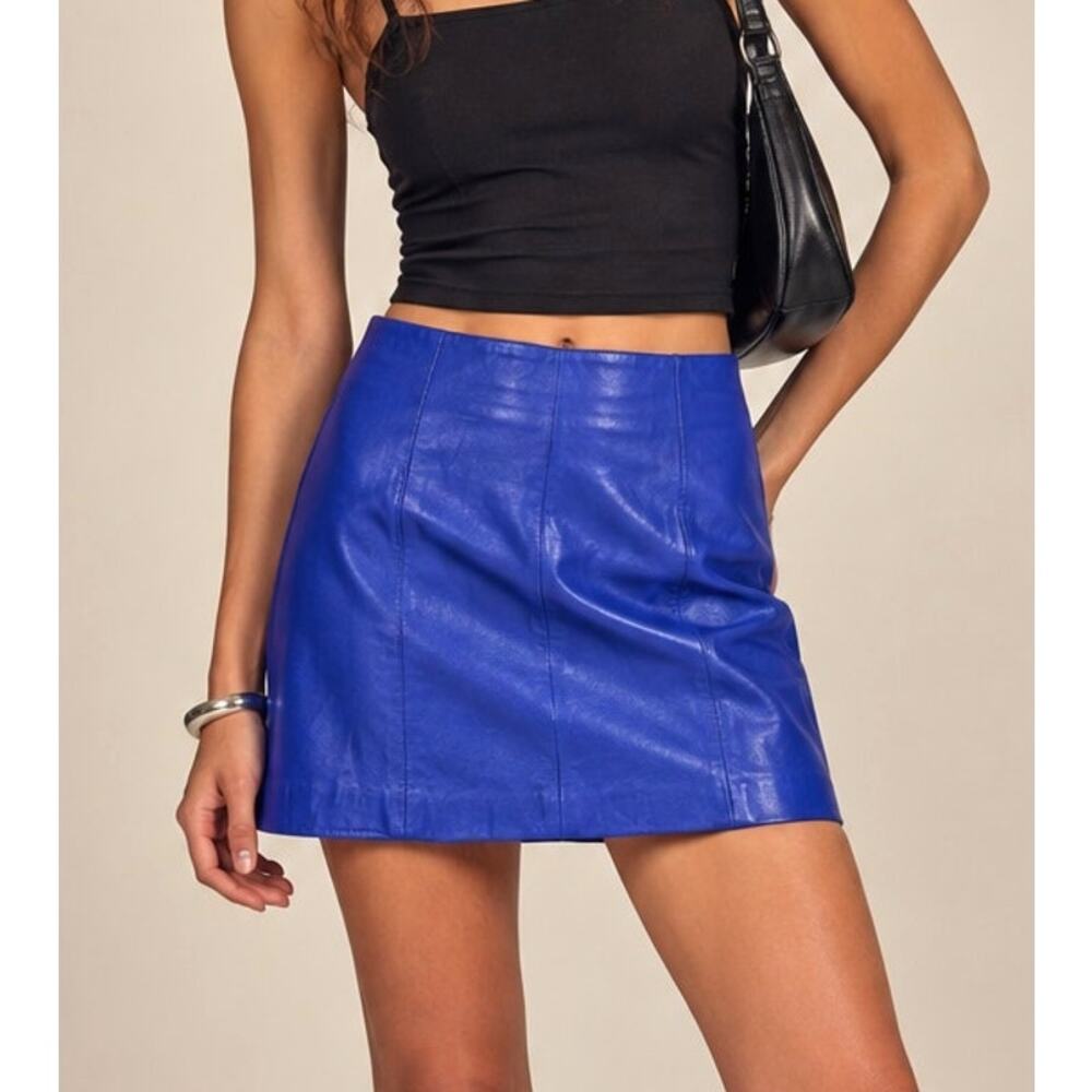Vintage 90s Tannery West Womens Leather Pencil Skirt High Rise Size 8 Blue Retro